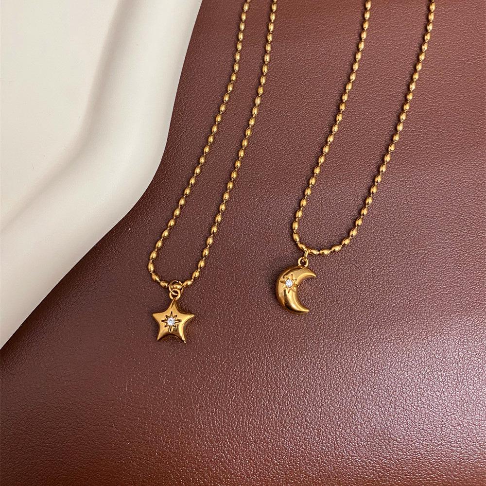 Retro Eight-Pointed Star & Moon Necklace with Diamond Accents - Fashionable Titanium Steel Electroplated Design