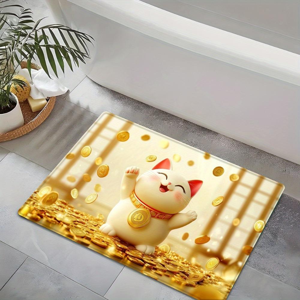 Lucky Cat Golden Coin Atmosphere Floor Mat, Non-Slip Absorbent Machine Washable Rug, Decorative Carpet for Bathroom Bedroom