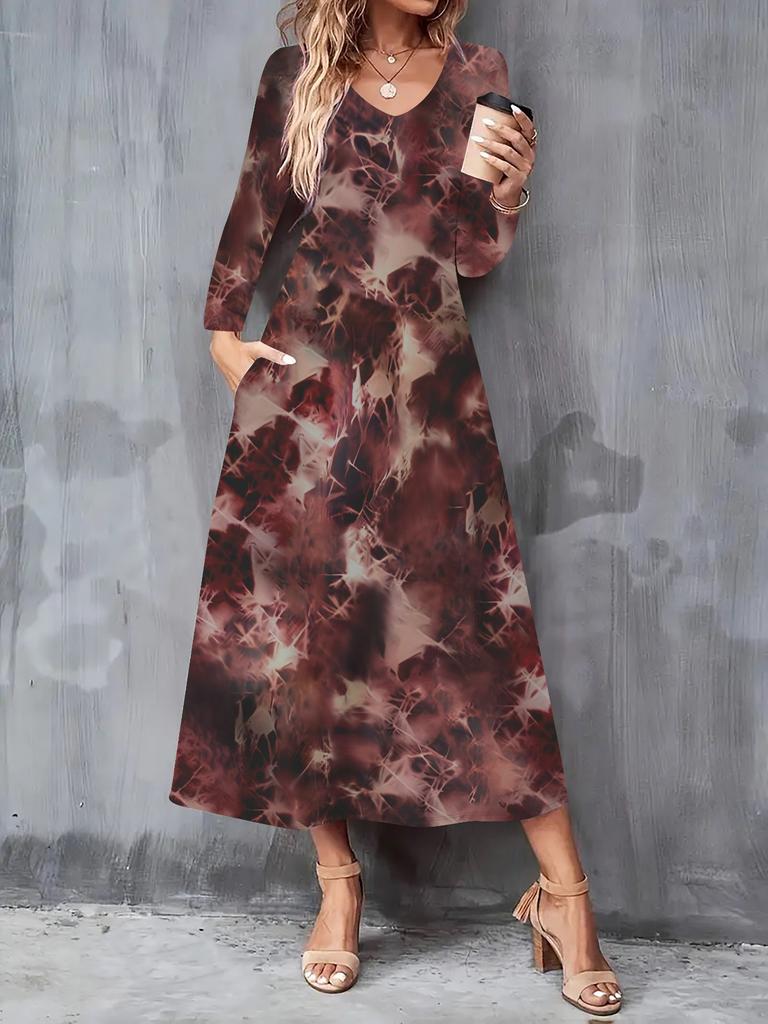 2025 Autumn and Winter New Women Casual Fashion Dress 3D Geometric Pattern Print Long Sleeve V-Neck A-Line Dresses