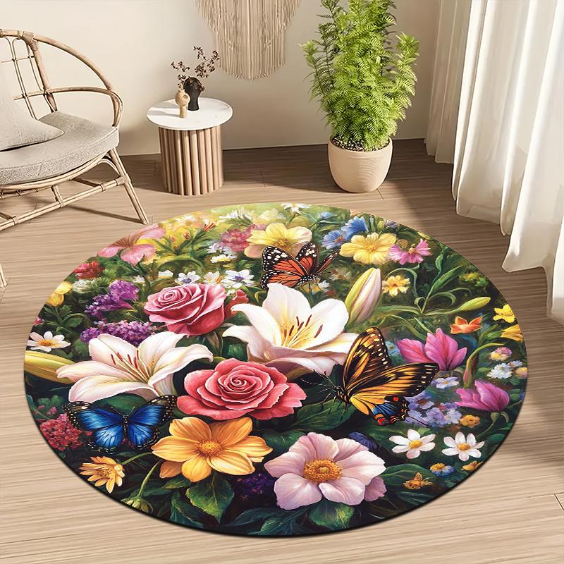 Floral and butterfly retro Flannel-printed round floor mats are slip-resistant Suitable for room bedroom terrace garden carpets