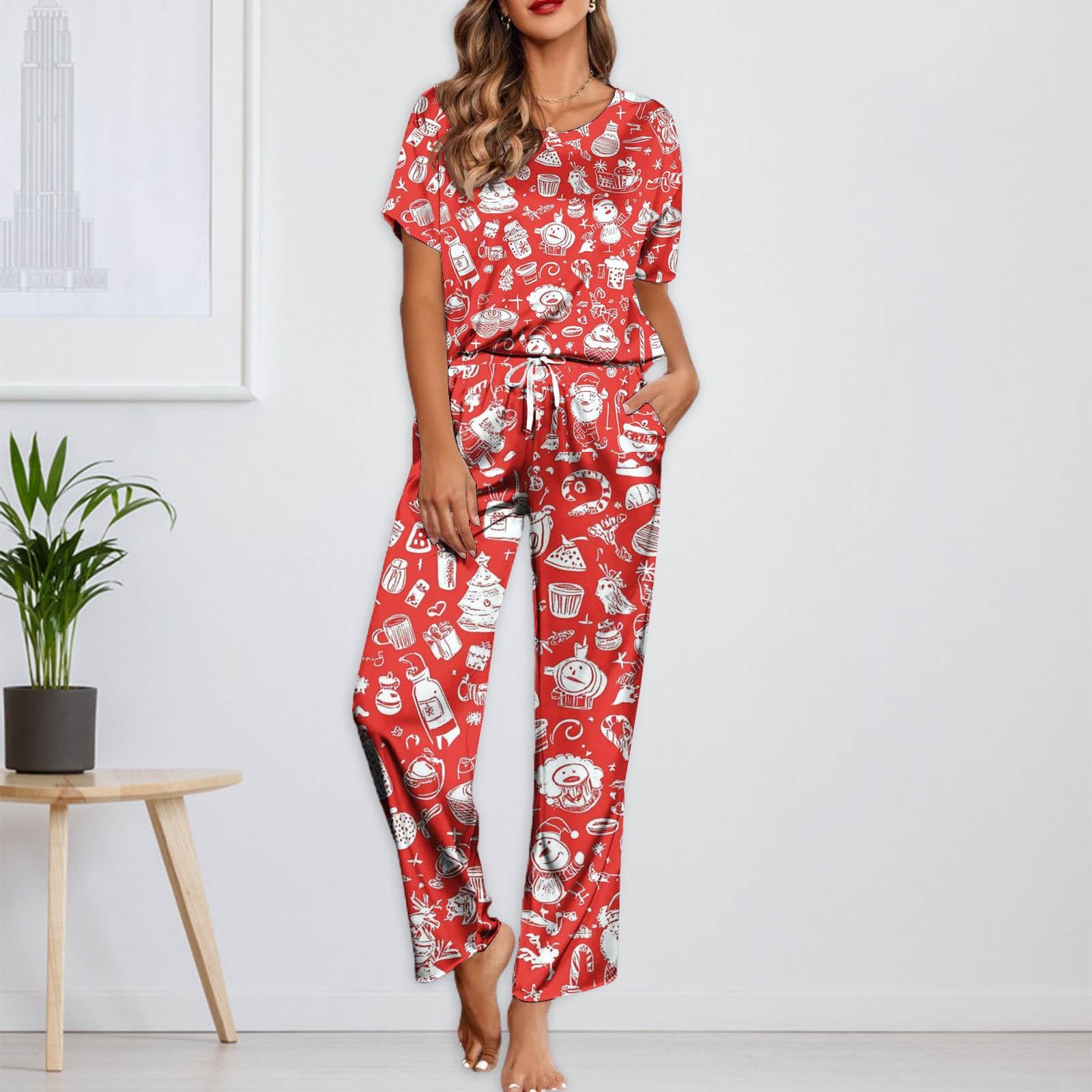 

Жіночий піжамний комплект Ice Silk Satin з різдвяним принтом, сорочка з короткими рукавами та довгі піжамні штани, м’який домашній одяг XXL червоний