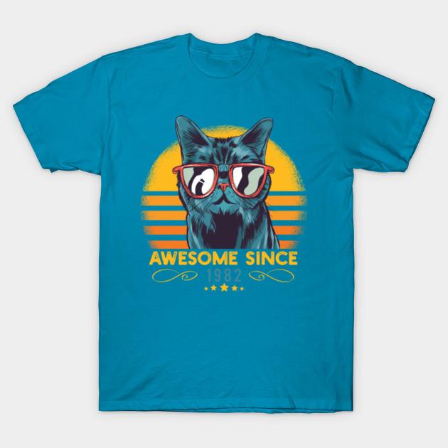 Women's Fashion Round Neck Short-sleeved Cat Awesome Since 1982 Funny Cat Lover Gift Idea F Print T-shirt Summer Casual Slim T-shirt