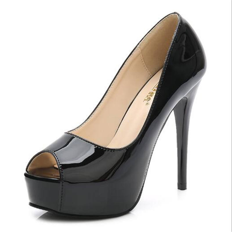 Fashion Women's Summer PU Leather Platform Pumps Peep-Toe Slip-On High Heels 12cm Thin Heel Shallow Solid Sexy Party Club Shoes