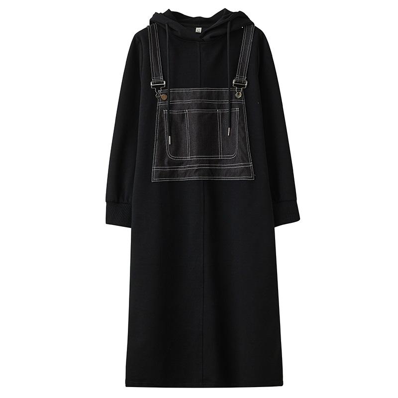 Long Sleeve Oversized Black Hooded Vintage Patchwork for Women Casual Loose Spring Autumn Sweatshirt Dress