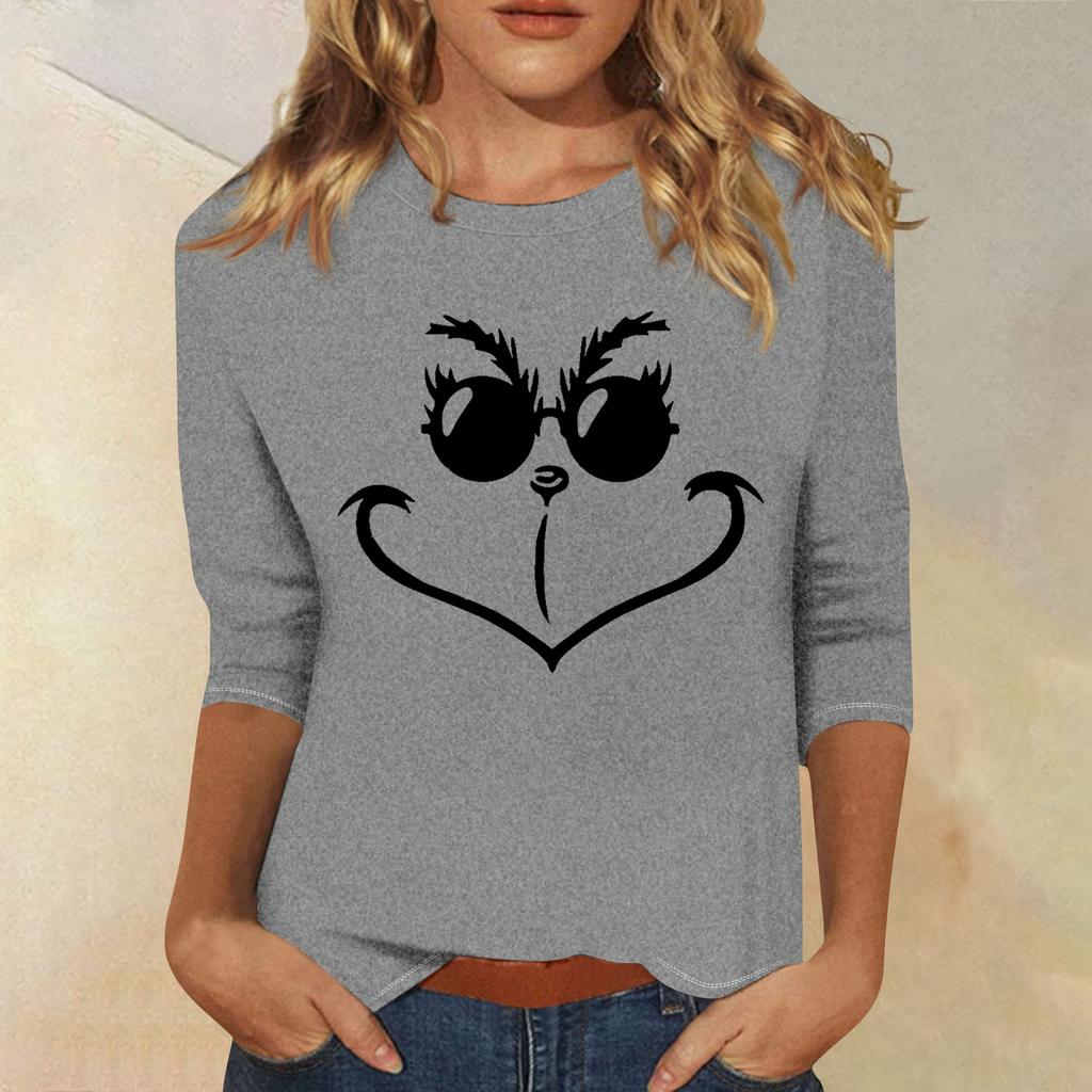 3/4 Sleeve Tops For Women T-Shirt Casual Christmas Print Tops T Shirt Round Neck Pullover Blouse