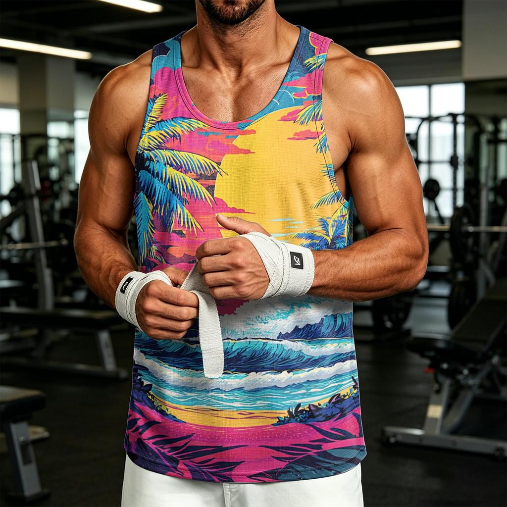 Men's Casual Hawaiian Print Outdoor Sports Tank Top Sleeveless Round Neck Summer Beachwear Lightweight Breathable Fabric