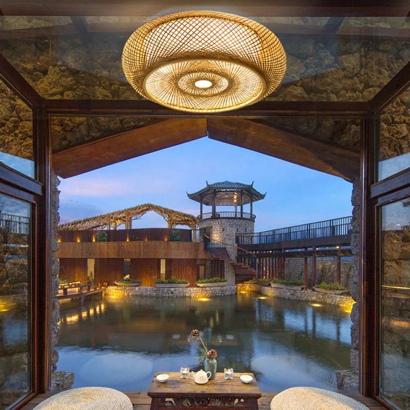 Rattan Flush Mount Ceiling Lights Fixture Boho Handmade Ceiling Chandelier Home Decorative for Bedroom Kitchen Foyer