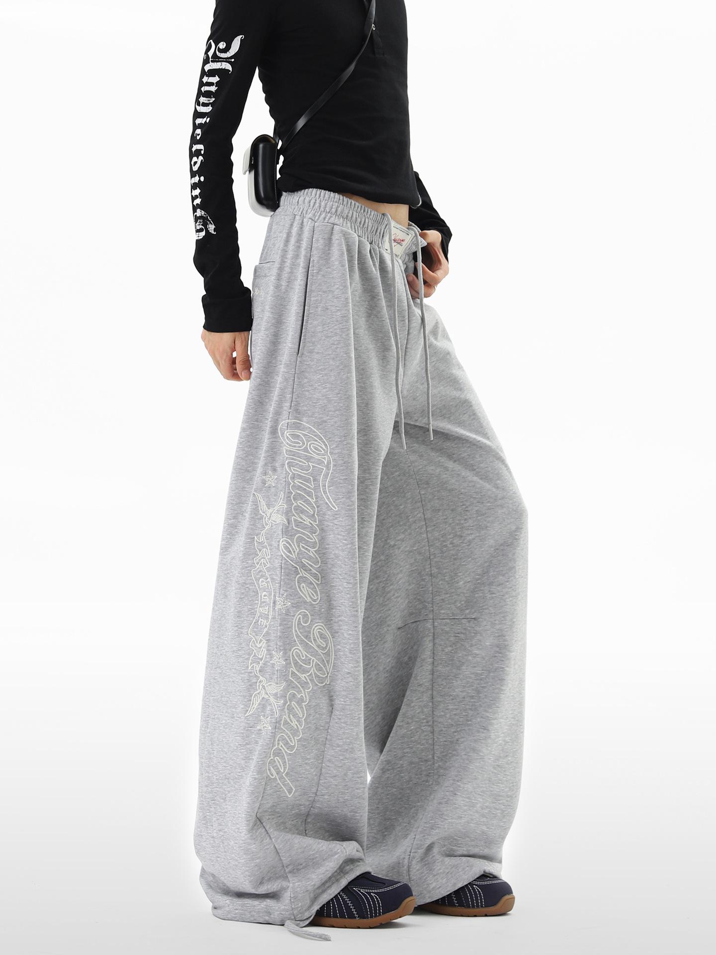 

Unisex Navy Blue Embroidered Sweatpants with Elastic Waist & Wide Legs for Autumn Casual Wear Medium