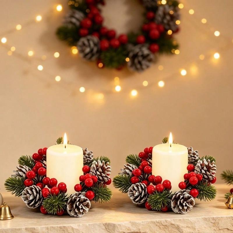 2Pcs Artificial Pinecone Christmas Wreath, Christmas Floral Candle Holder, Tabletop Home Decor Ornament, Festive Atmosphere Decoration