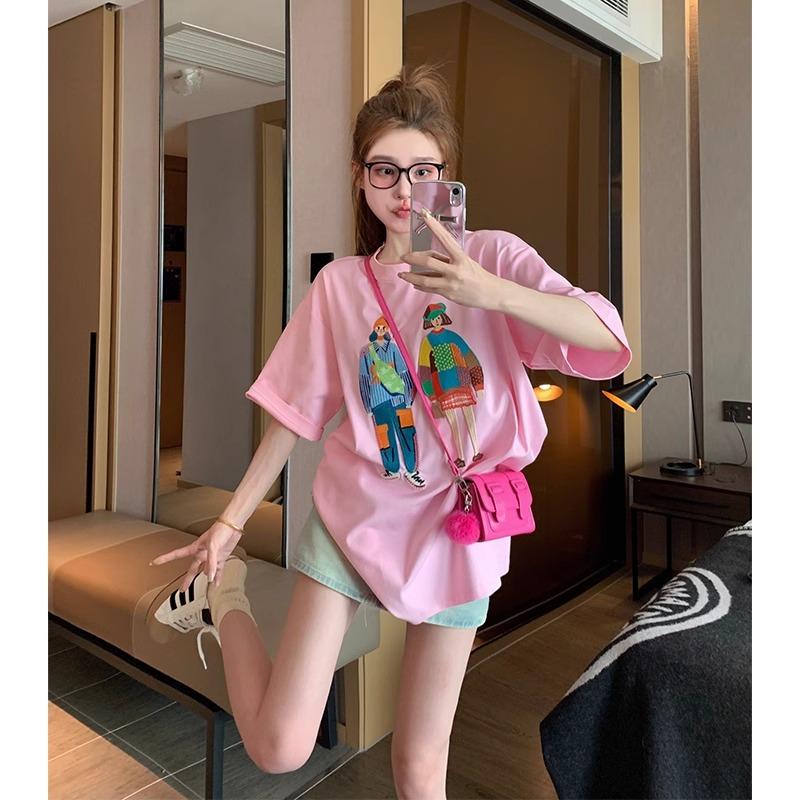 American Vintage Short Sleeve Pure Cotton T-Shirt Women's Summer Loose Plus Size Trendy Leisure Printed Casual Round Neck Top