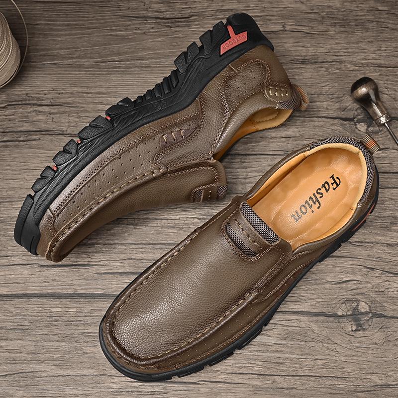 Men's Outdoor Casual Slip-On Leather Shoes - Large Size, Non-Slip, Wear-Resistant, Soft Sole