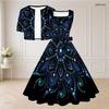 Women Plus Size Two Piece Outfit Halloween Print Sleeveless Square Neck Tie Waist Flared Dress Short Sleeve Cropped Shrug