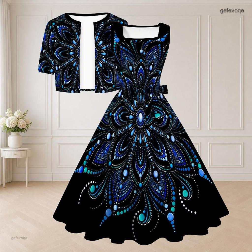 Women Plus Size Two Piece Outfit Halloween Print Sleeveless Square Neck Tie Waist Flared Dress Short Sleeve Cropped Shrug
