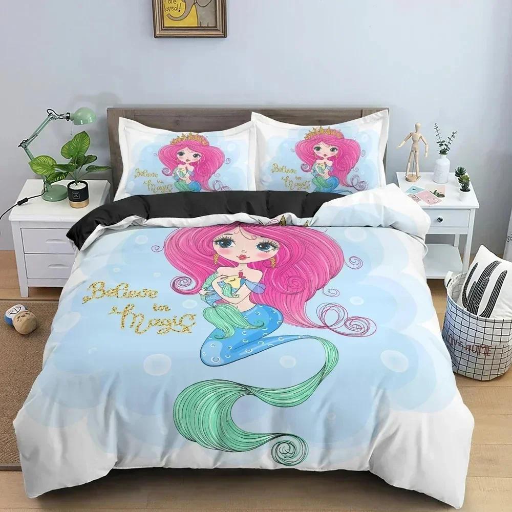 Cartoon Meerjungfrau Bettbezug Set 3D Muster Bettwäsche Set Für Mädchen Schlafzimmer Dekor Einzelbett Twin Queen Size Mädchen Kinder Geschenk