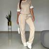 Womens Light Khaki Short Sleeve Top and Side Stripe Pants Casual Two Piece Set