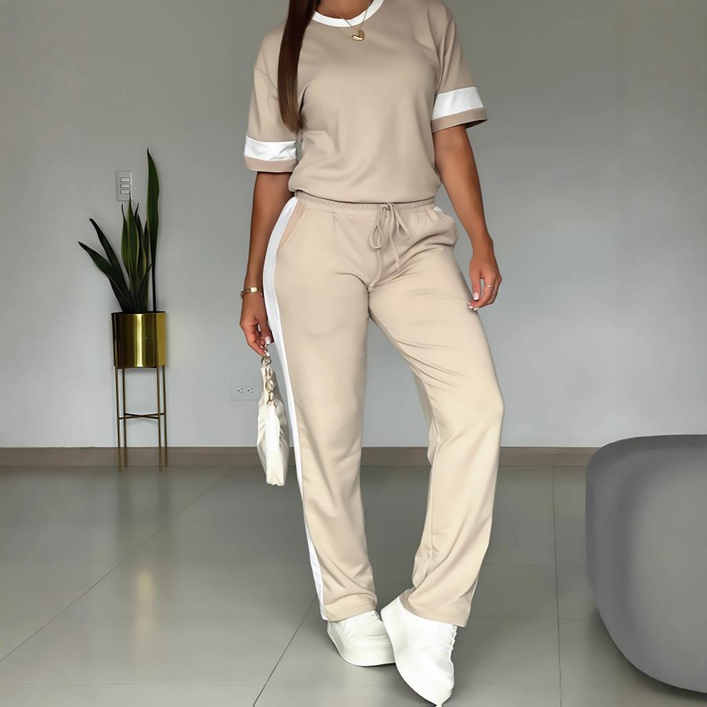Womens Light Khaki Short Sleeve Top and Side Stripe Pants Casual Two Piece Set