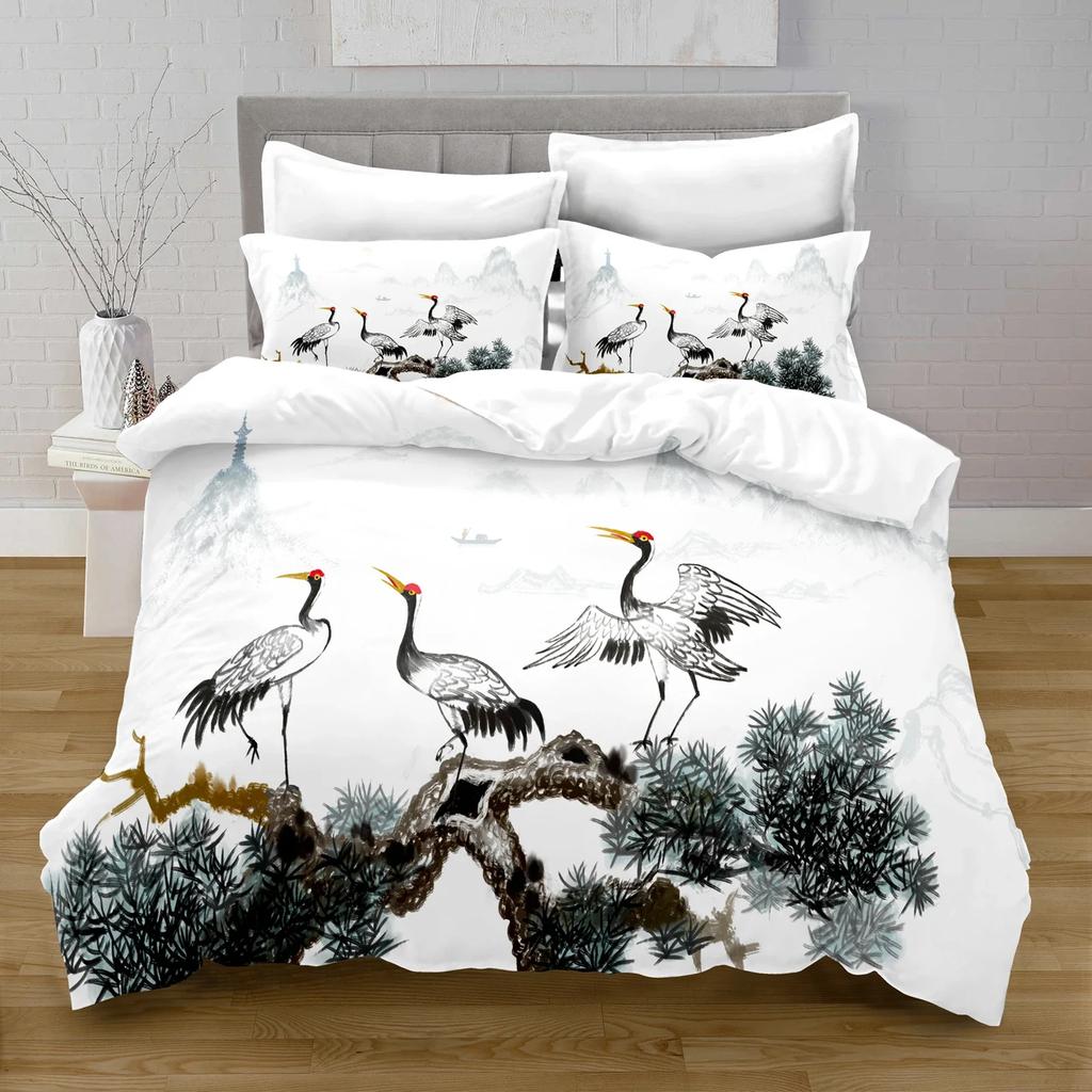 Comforter Ink Painting King Queen Chinese Landscape Painting Bedding Set Adults Idyllic Scenery Mountain Polyester