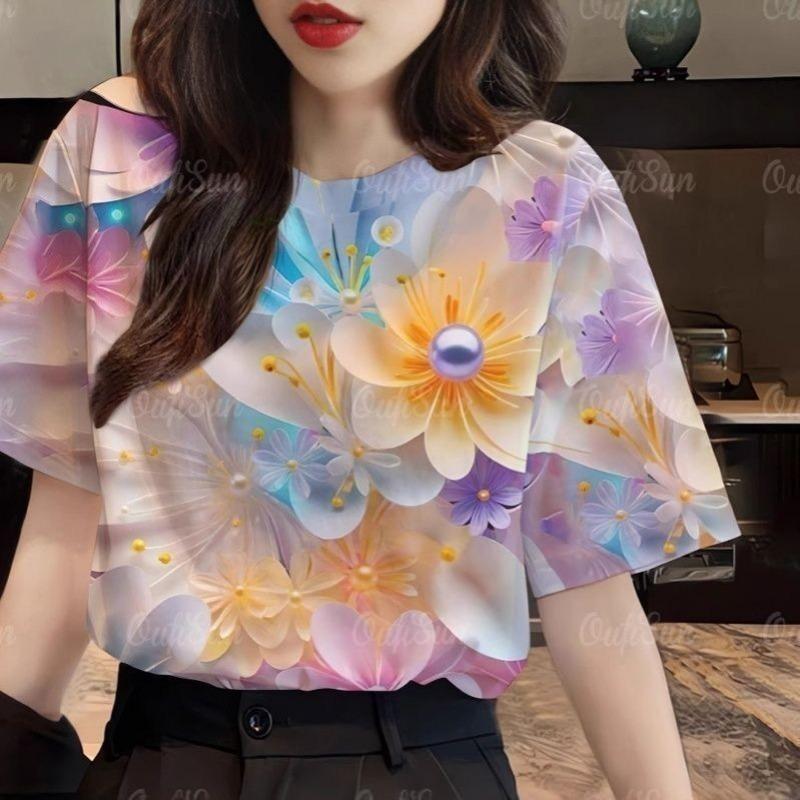 Summer Trendy Colorful Flower Pattern 3D Digital Print T-Shirt round Neck Short Sleeve Casual Women s Fashion Polyester Fiber Breathable S