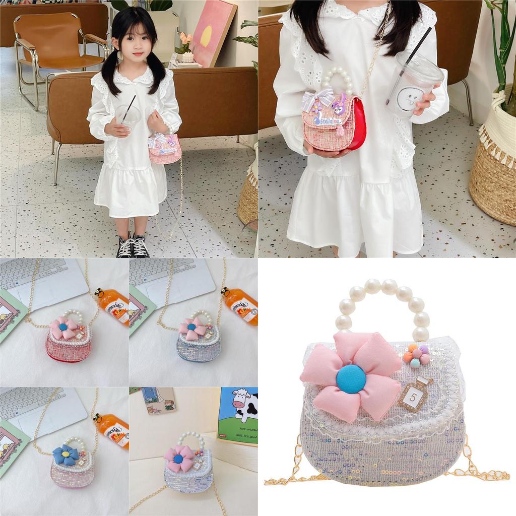 Cute Pu Leather Children's Handbag With Floral Sequins Princess Series Shoulder Bag For Toddlers