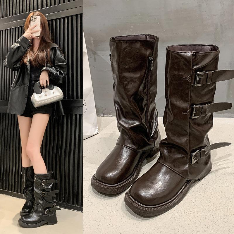 Retro belt buckle trouser boots women's 2025 autumn and winter new models but knee high knight boots slim pile boots