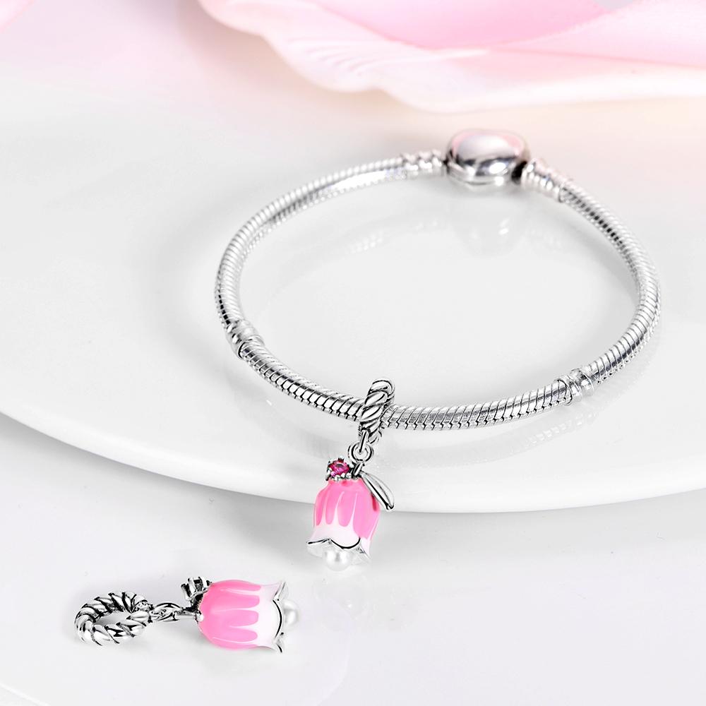 Original Charms Copper Certified Cute Pet Pink Carnation Beads Fit Bracelet Women Jewelry Making Diy