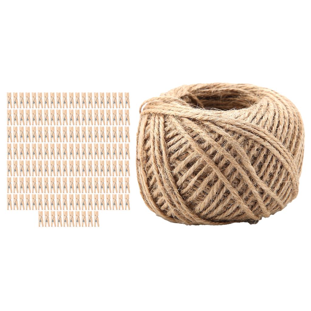 250 Pcs Natural Wooden Clothespins Clip Peg with 1 Roll 50 Meter Jute Twine