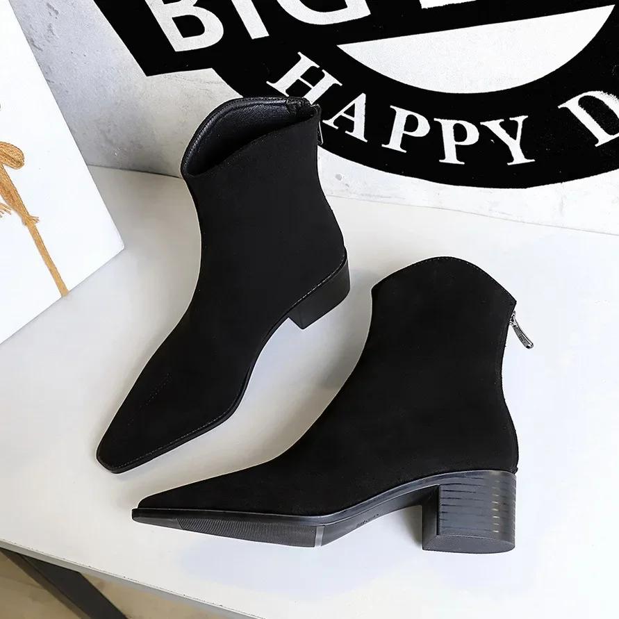BIGTREE Shoes New Autumn/Winter Women Boots Round Toe Chunky Heel Boot Western Boots Zapatos De Mujer Mid-calf Boots