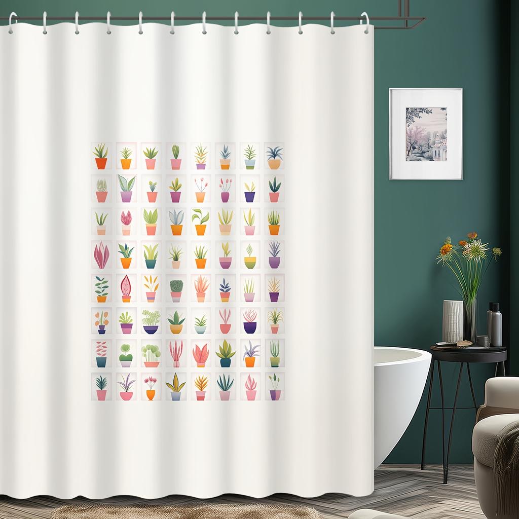 1pc Cartoon Green Plant Shower Curtain - Potted Flower Print, 72x72", Hotel & Bathroom Decor