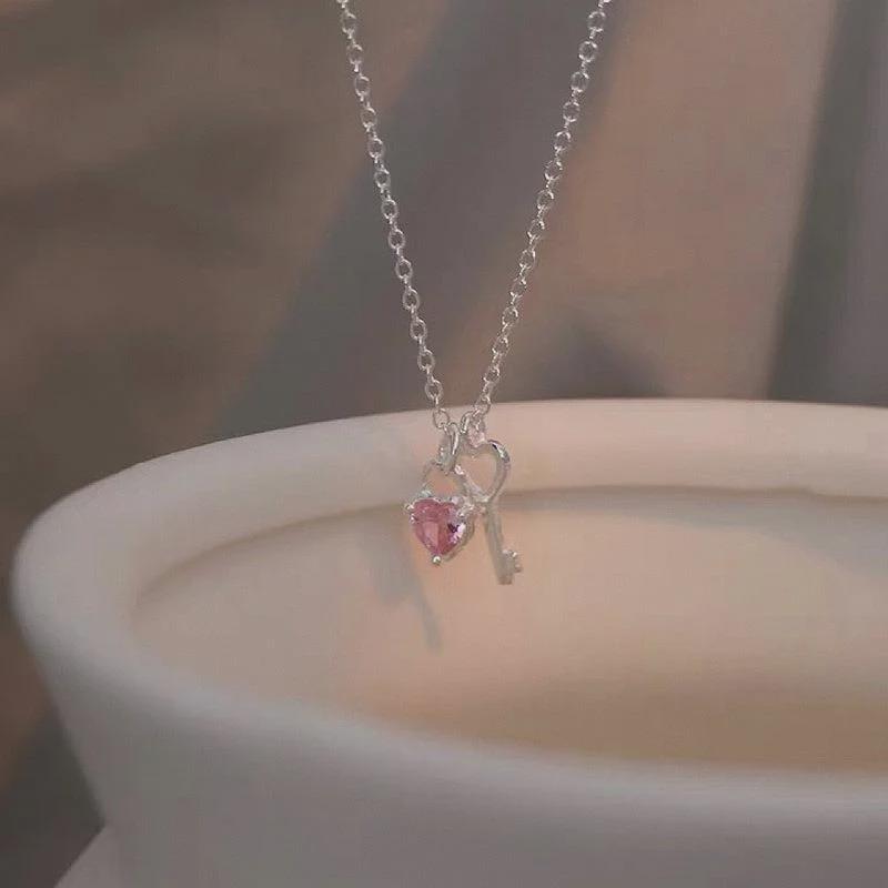 Women's 925 Silver-Plated Love Lock Necklace with Pink Zircon Heart Charm