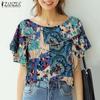 ZANZEA Women Casual Ethnic Print Loose Short Sleeve Blouse