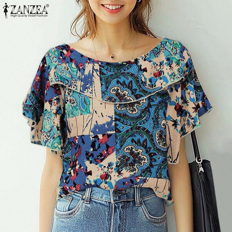 ZANZEA Women Casual Ethnic Print Loose Short Sleeve Blouse