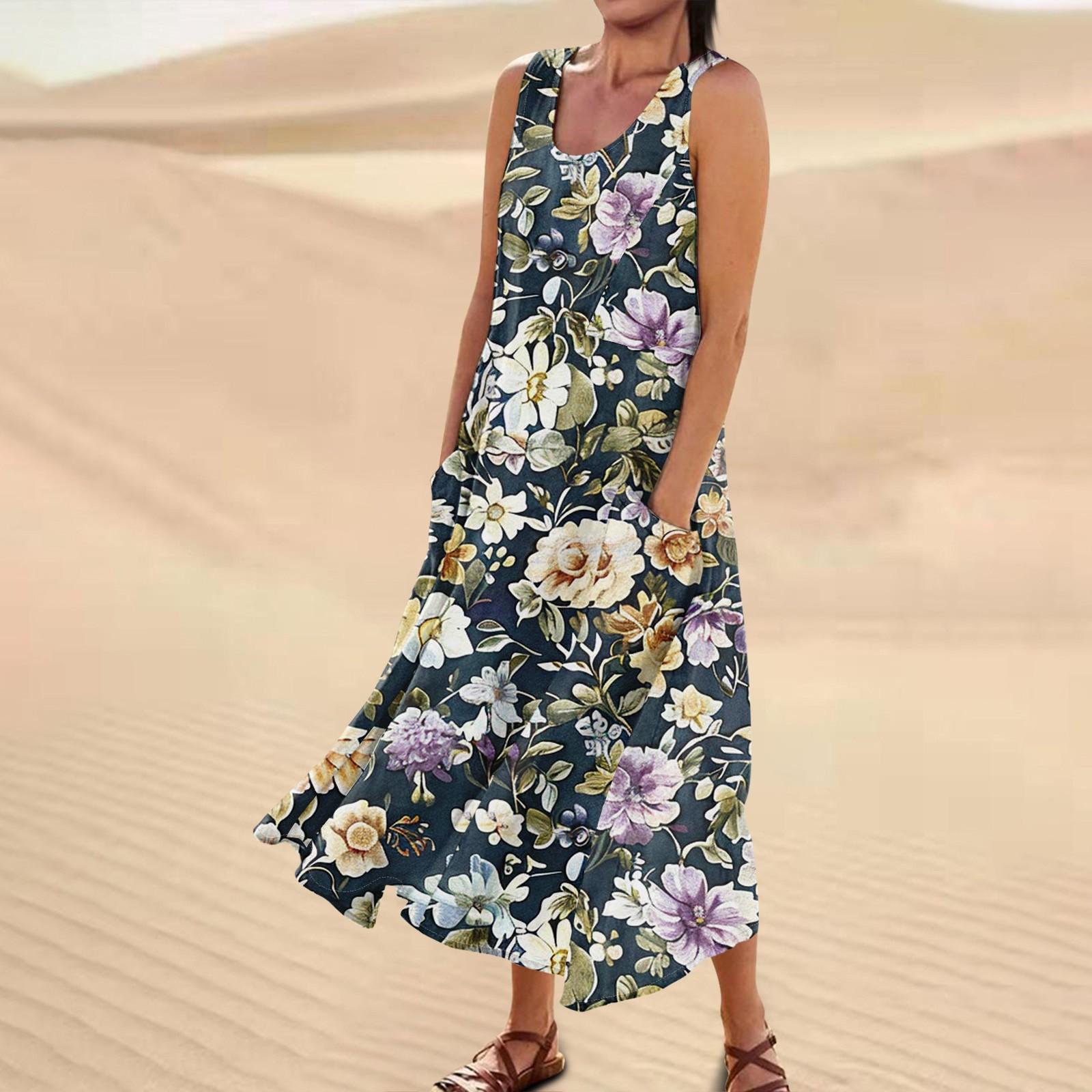 

Женское повседневное удобное хлопковое карманное платье без рукавов с цветочным принтом XXL