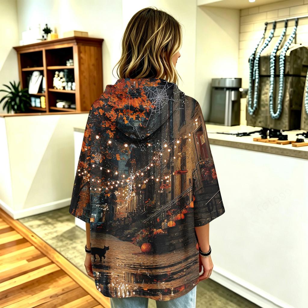 Women's Halloween Print Hooded Pullover Top with 3/4 Sleeves