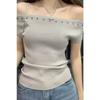 Mode Schulterfrei Kurzarm Elegant Nieten Pullover Gestrickt Damen Bluse Slim Fit Einfacher Pullover Einfarbig T-Shirt Y2k Lässiges Oberteil Kleidung
