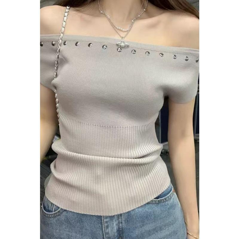 Mode Schulterfrei Kurzarm Elegant Nieten Pullover Gestrickt Damen Bluse Slim Fit Einfacher Pullover Einfarbig T-Shirt Y2k Lässiges Oberteil Kleidung