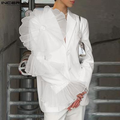 Men Ruffled Net Patchwork Long Sleeve Blazer Casual Party Coats