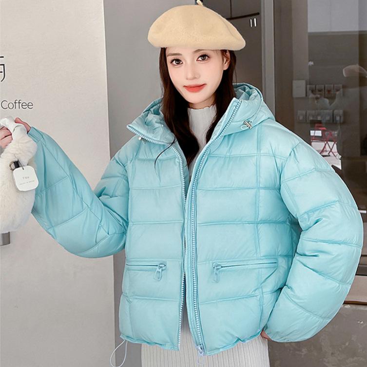 Women Hooded Quilted Puffer Jacket Solid Color Loose Fit Short Winter Coat