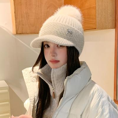 Winter New Duck Tongue Wool Hat Women's Thickened Warm Ear Protection Hairball Knitted Hat Cycling Cold Hat