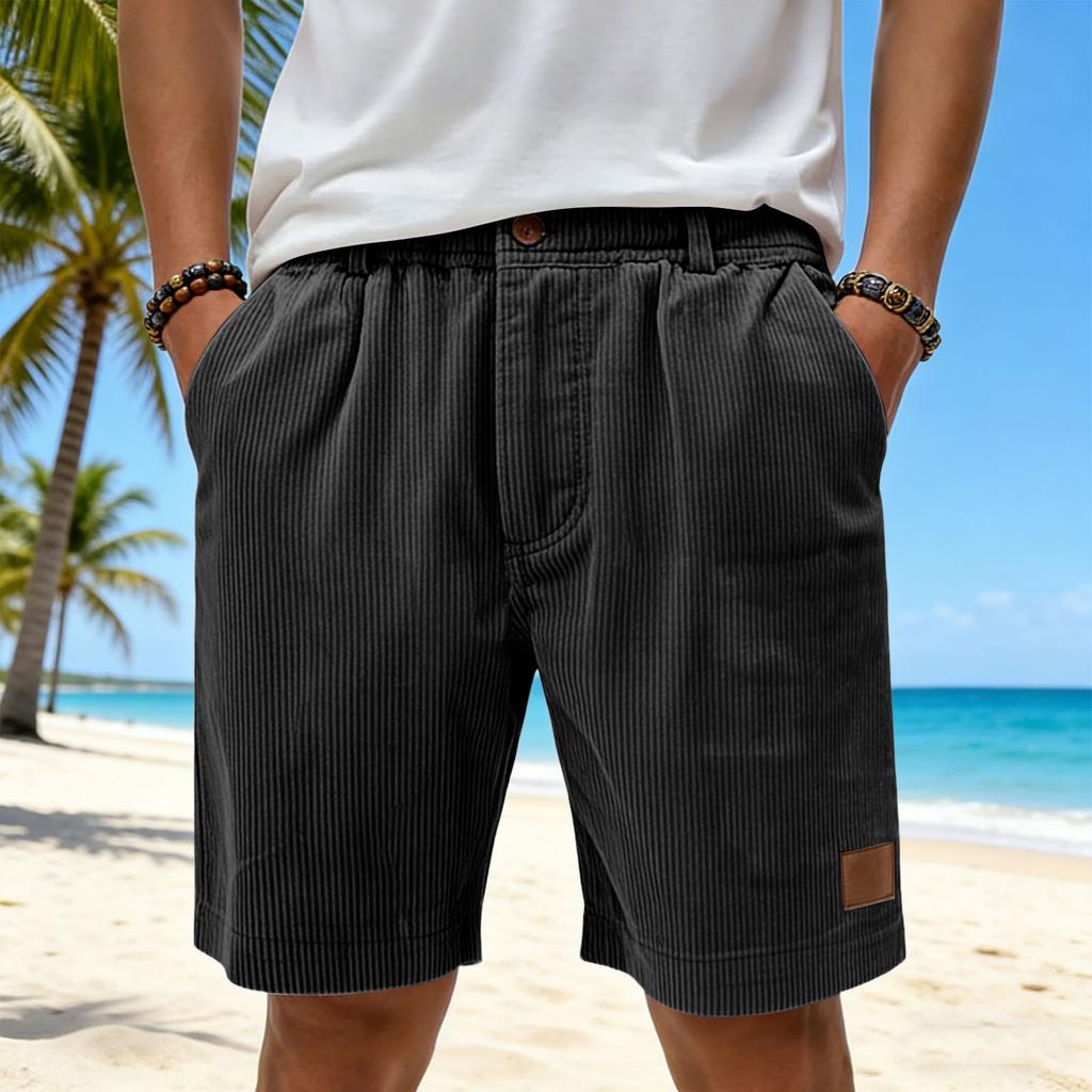 Men Corduroy Shorts Relaxed Fit Elastic Waistband Casual Drawstring Shorts with Pockets Button Closure Design for Everyday Wear