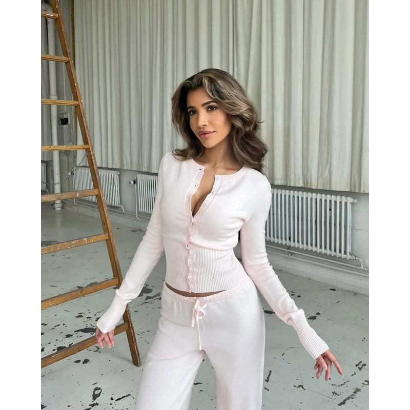 Womens Slim Fit Knit Two Piece Set Long Sleeve Button Front Top Low Waist Casual Pants