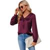 Spring and Autumn Women's Shirts Pleated Long Sleeve Tops V-Neck Blouse
