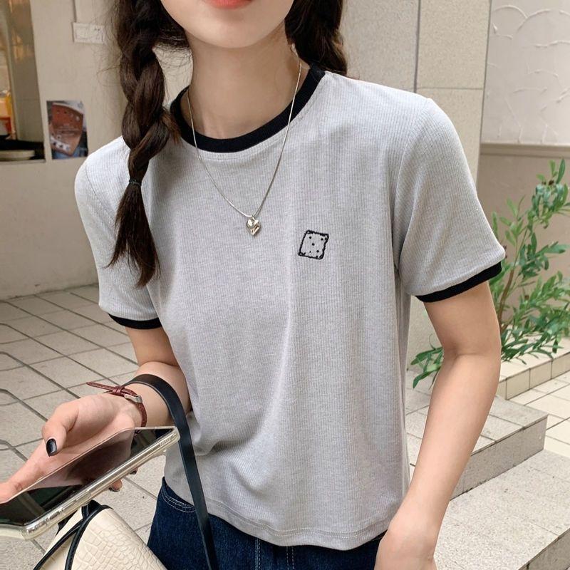 WTEMPO Branded Summer Women's Fashion Trend Clashing Trim Embroidered Short Sleeve T-shirt with Design Niche Round Neck Elasticated Tops