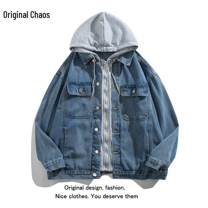 Herren 2022 Frühling/Herbst Colorblock Kapuzen-Jeansjacke – Trendige japanische Freizeitbekleidung