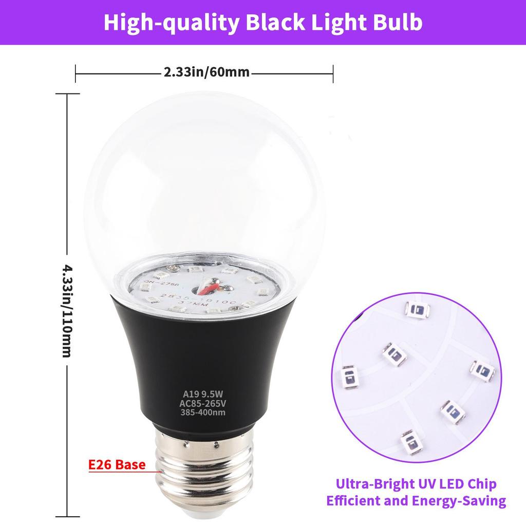 UV Purple Light Bulb 9.5W for Halloween Haunted House, 395nm Fluorescent, Wide Voltage.