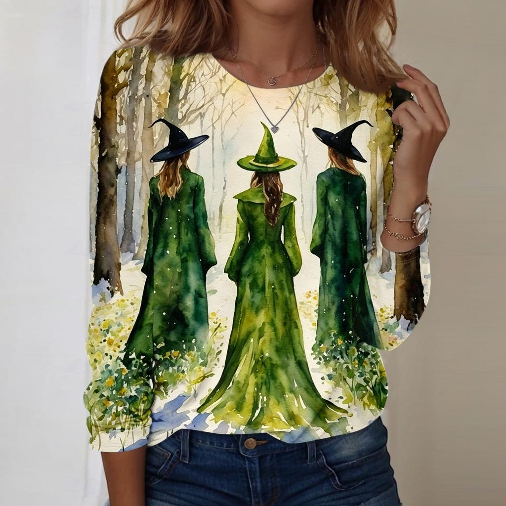 Women's Halloween Print Long Sleeve Neck Loose Fit Tunic Top for Fall Casual Outfits