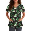 Women V Neck Short Sleeve Scrub Top with Pockets Halloween Themed Printed Work Uniform for Nurses and Caregivers