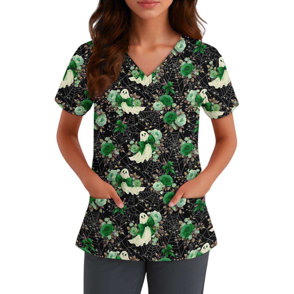 Women V Neck Short Sleeve Scrub Top with Pockets Halloween Themed Printed Work Uniform for Nurses and Caregivers