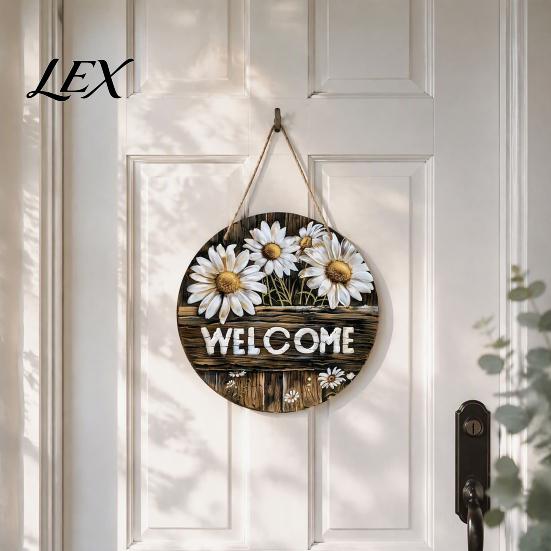 Hanging Sign with Hemp Rope Wooden Daisy Welcome for Front Door, Rustic Farmhouse Wall Decor Handmade House Rope, Wood Plaque Home Entrance