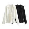 Women Shirt Lapel Long Sleeve Shirt with Lace-up Sexy Hollow Effect Silk Satin Textured Bow Detail Solid Color Shirt Tops