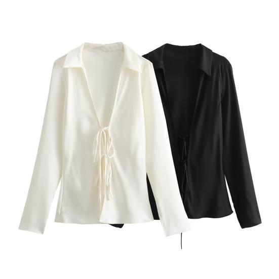 Women Shirt Lapel Long Sleeve Shirt with Lace-up Sexy Hollow Effect Silk Satin Textured Bow Detail Solid Color Shirt Tops